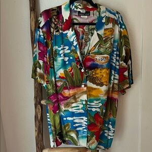 Carole Little Colorful Parrot Fruit Beach Print Button Down Shirt Large XL Rayon